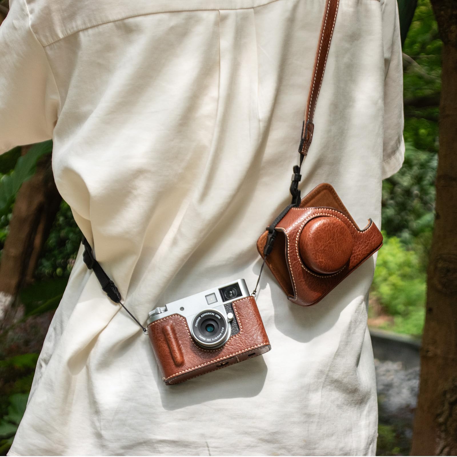 Rieibi X-Half Case, funda de piel sintética para cámara Fujifilm mitad sin espejo, funda protectora con correa de hombro ajustable, marrón