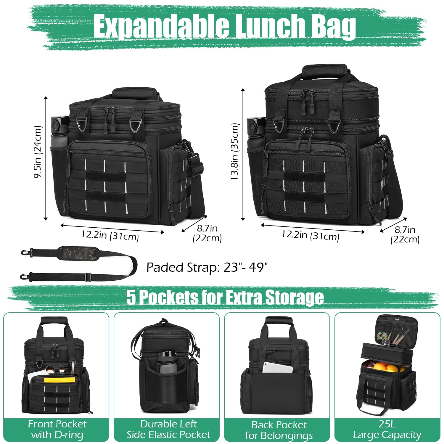 Kühltasche Picknicktasche erweiterbare Isoliertasche Lunchtasche Essen & Getränk Thermotasche für Schule Arbeit Camping