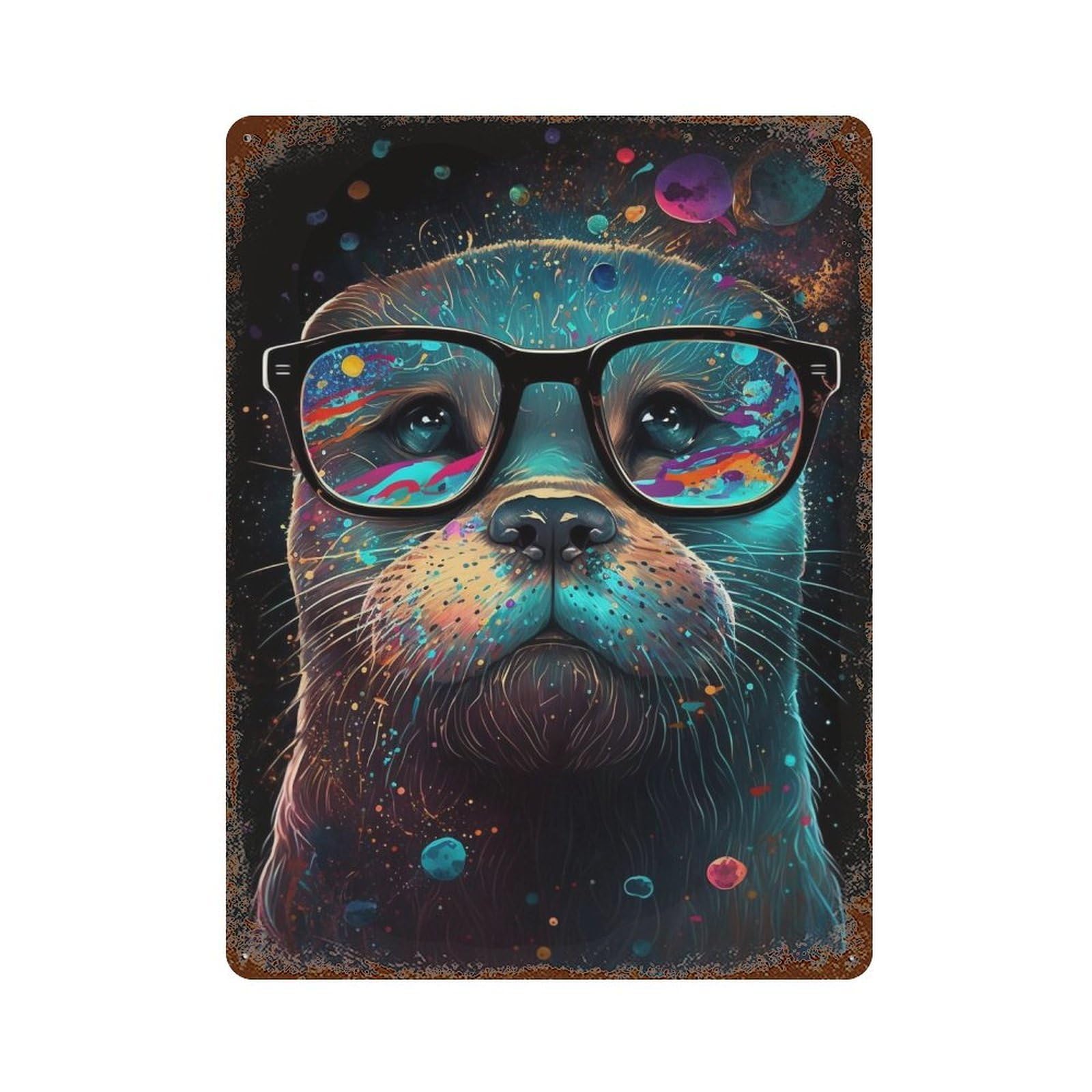 Colorful Otter Glasses Art Print-1 Rust Effect Tin Sign 15.7"x11.8", Industrial Home Decor for Garage, Pub Or Kitchen