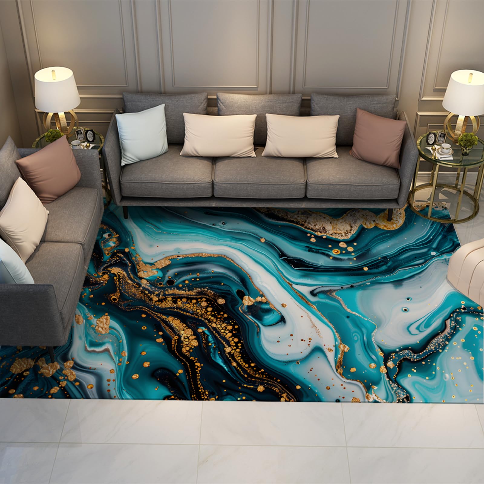 Tapis de texture marbre bleu 60x180cm grand tapis abstrait moderne antidérapant et lavable