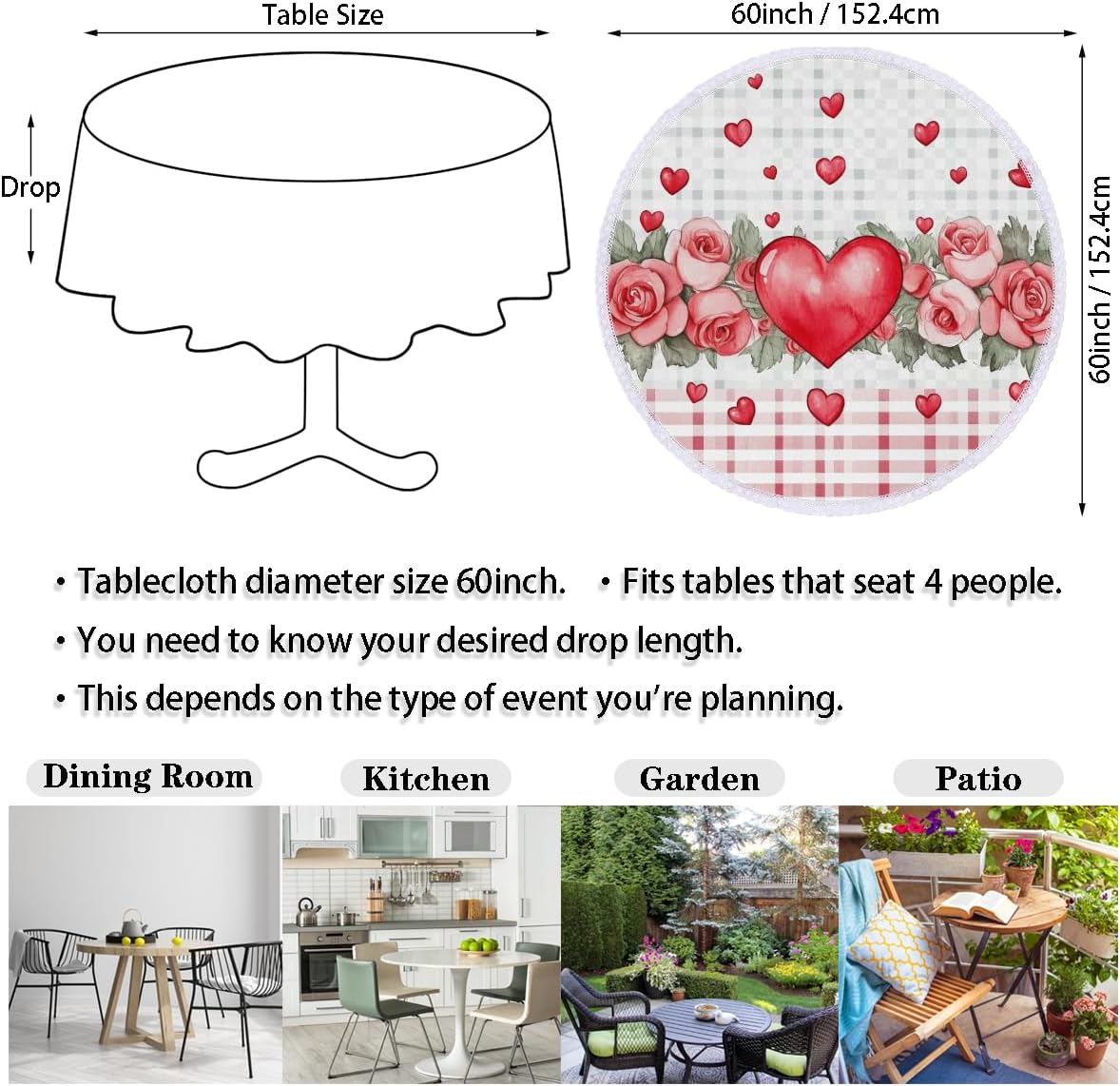 AUUXVA Round Tablecloth 60 Inch Red Love Heart Washable Table Cover with Lace Trim, Kitchen Circle Tables Cloth for Party Dining Table Top Wedding Home Decor(Valentine's Day Heart)