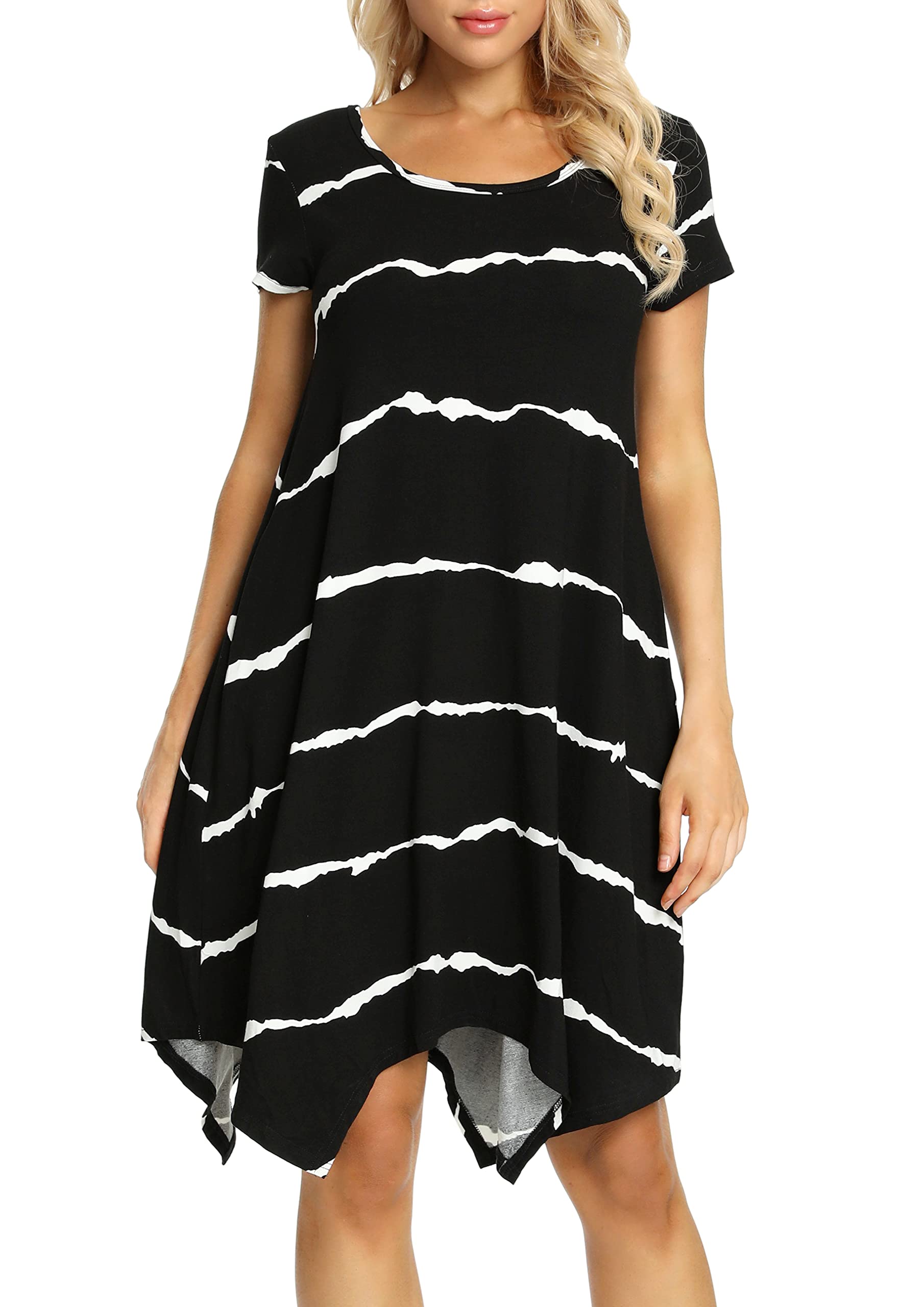 Women Casual Loose Soft Crewneck Short Sleeve Pockets Swing T-Shirt Dress