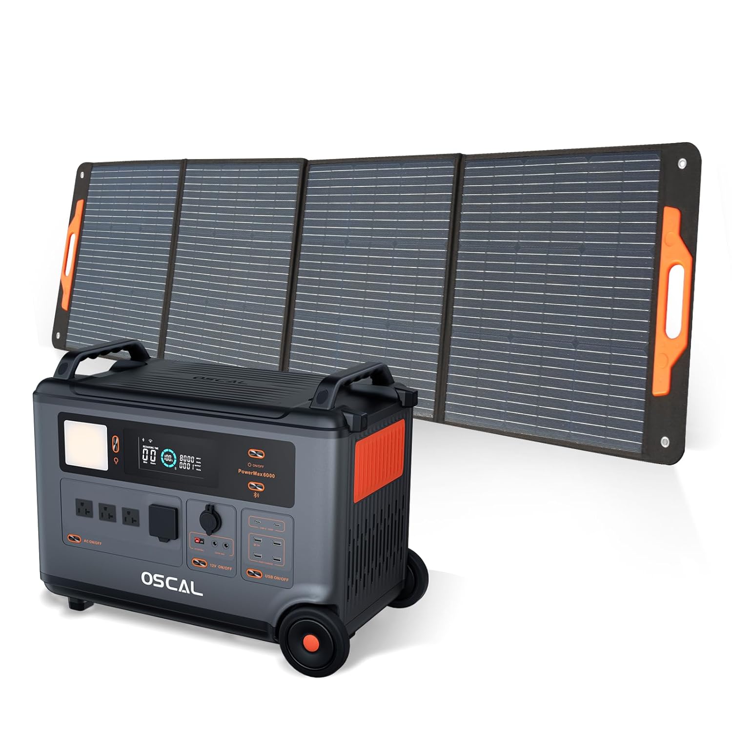 OSCAL PowerMax 6000 Solar Generator with 200W Solar Panel 120V 240V Portable Power Station 6000W AC Outlets 7200W