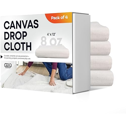 Canvas Drop Cloths 4' x 12', Pack of 4 - Reusable & Eco-Friendly Painters Drop Cloth for Furniture, Surfaces & Floor Protection - 100% Recycled Cotton Canvas Tarp for Home Renovation by IDL Packaging