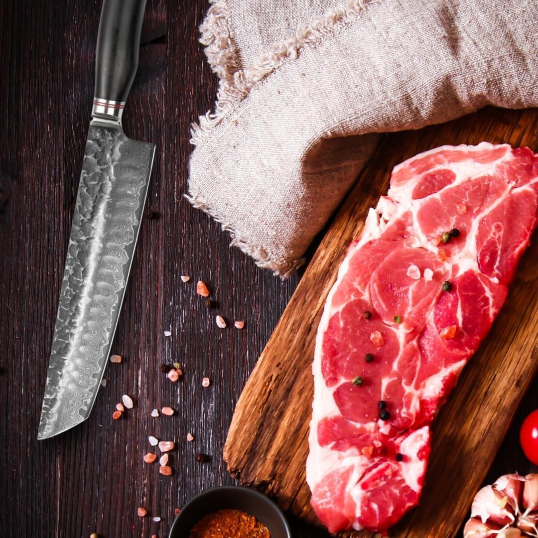 Wakoli EBO BBQ Hamokiri Knife – 7.9-Inch Damascus Butcher Knife | 67-Layer VG10 Core Steel | Dark Oak Wood Handle | Professional Meat Cutting Tool in Gift Box