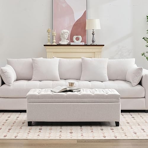 Miniatura 9 de adochr Otomana de almacenamiento de tela de 50 pulgadas, banco de pie de cama con gran almacenamiento, banco tapizado moderno con patas de madera,