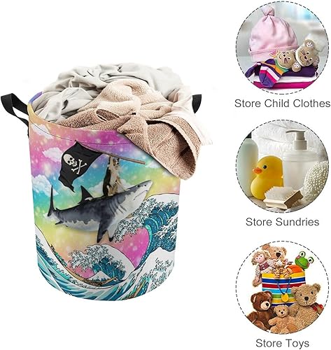 Miniatura 3 de Divertido tiburón perro independiente impermeable cesta de lavandería fantasía arco iris colorido cielo japonés gran ola impresión para dormitorio,