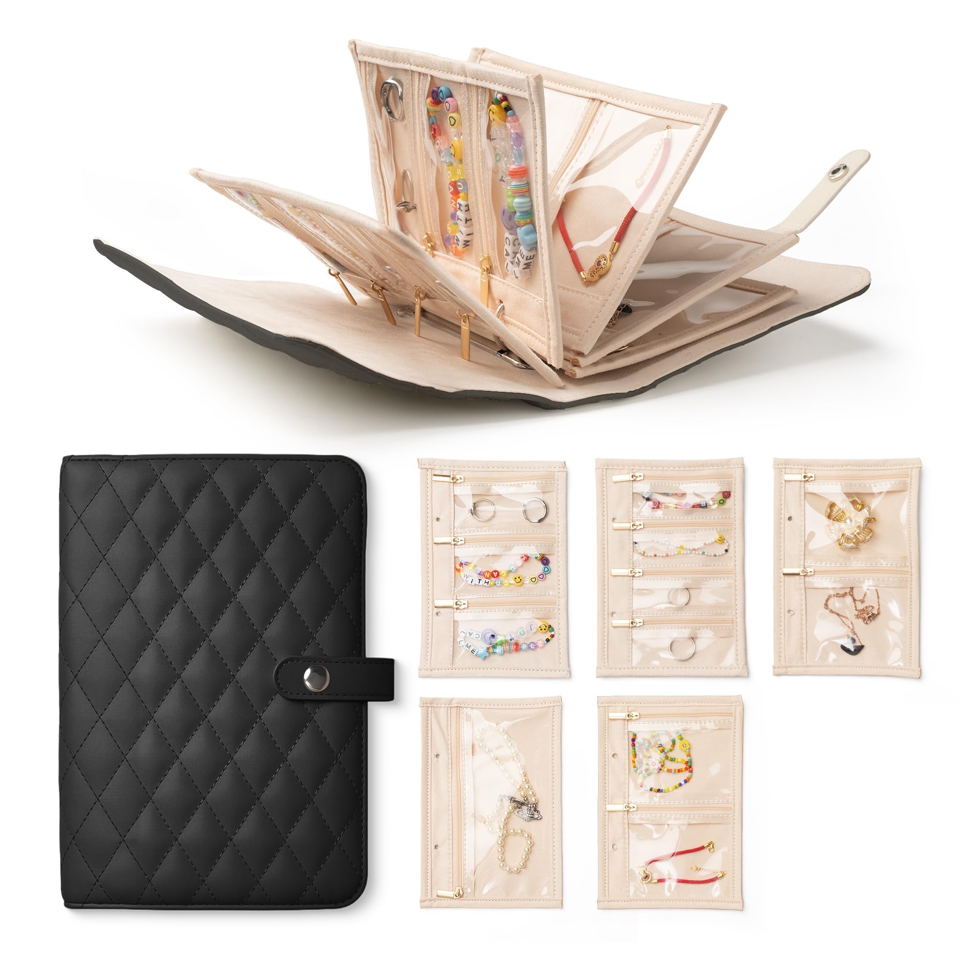 Travel Jewelry Organizer Case, Transparent Jewelry Storage Book for Rings, Necklace, Earrings, Bracelet Holder with Small Clear Zippered Velvet Pouch, Christmas Gifts for Women (Black)