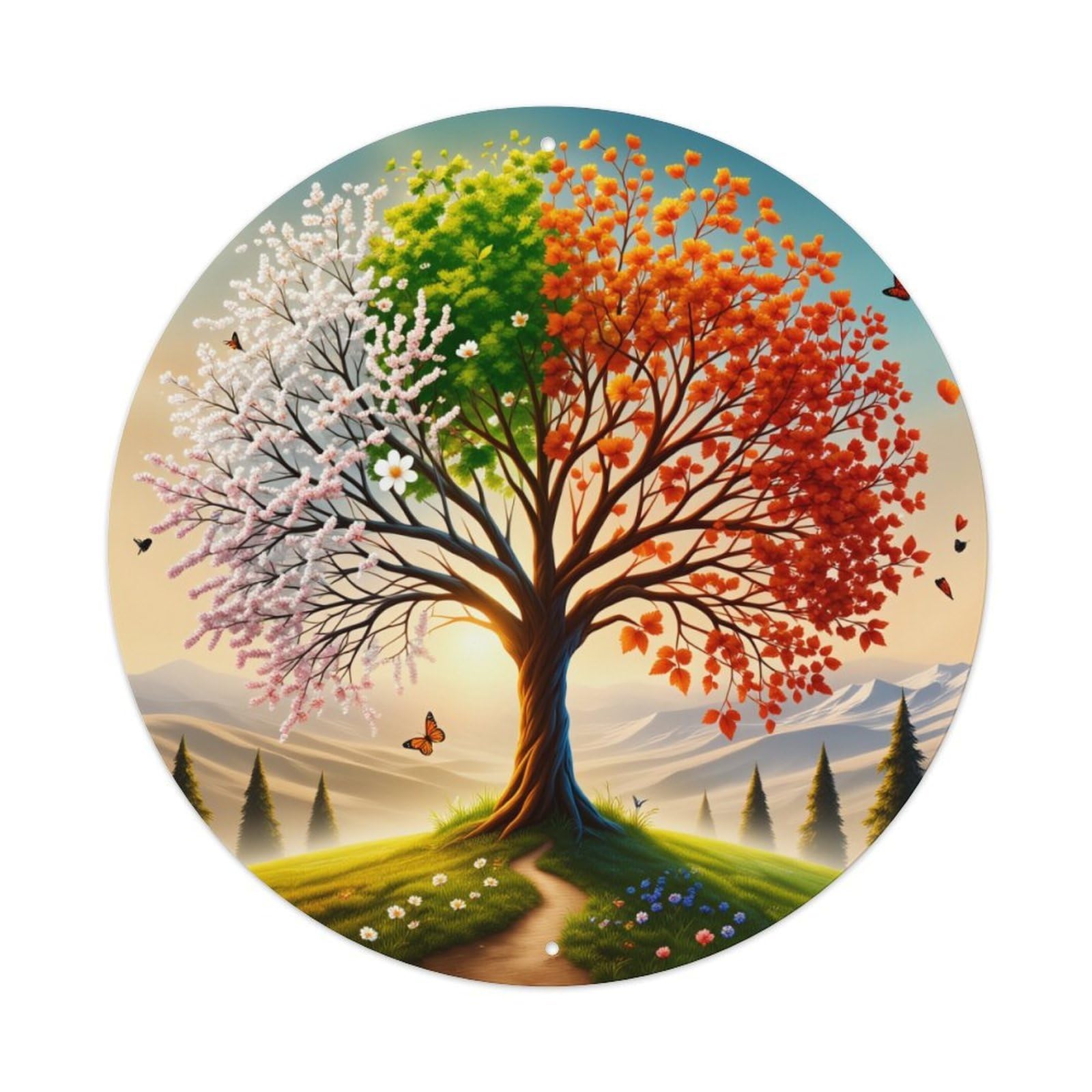 Four Seasons Tree Landscape Round Tin Sign Vintage Style Metal Sign Home Bar Garden Wall Plaque Decor Metal Poster 8x8 Inch