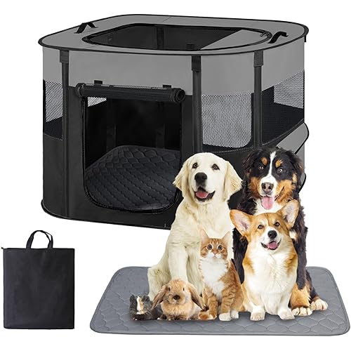 Portable Dog Cat Playpen with Waterproof Pad,Collapsible Pet Puppy Kitten Crate,Foldable Small Animals Kennel Cage for Indoor Outdoor Travel Camping,Water-Resistant Breathable Shade Cover (Grey M)