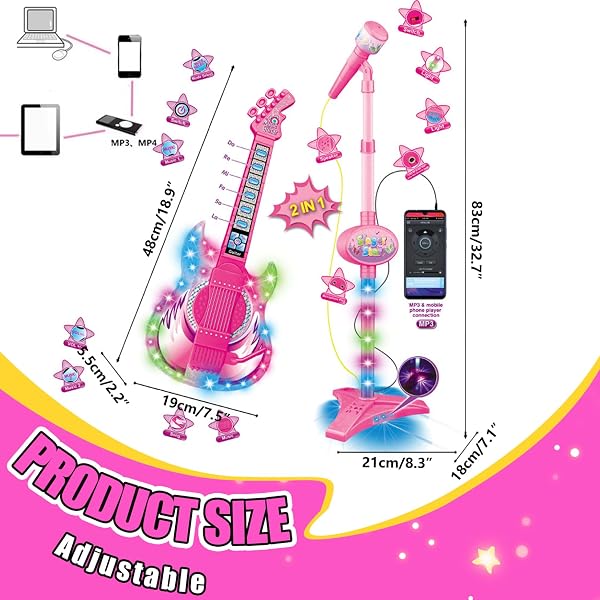 Kids Toy Guitar & Mic - 2 in 1 with Music Light Adjustable Stand, Learning Instrument for Children - 5
