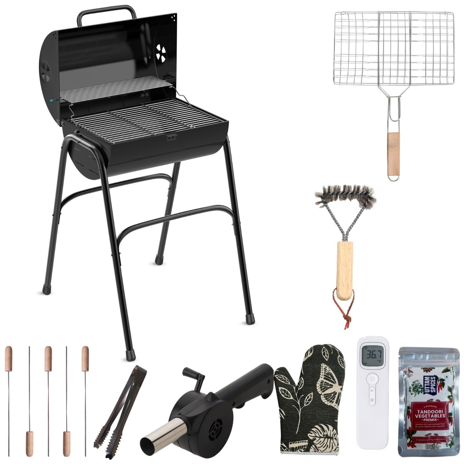 Peng Essentials GrillBeat Compact Barbeque Grill with Accessories for home | Large Cooking Area, Additional Warming Rack | Barrel style, Charcoal Griller BBQ With Set of 10 Premium Accessories (B0BXY2Q2VT) Amazon Price History, Amazon Price Tracker