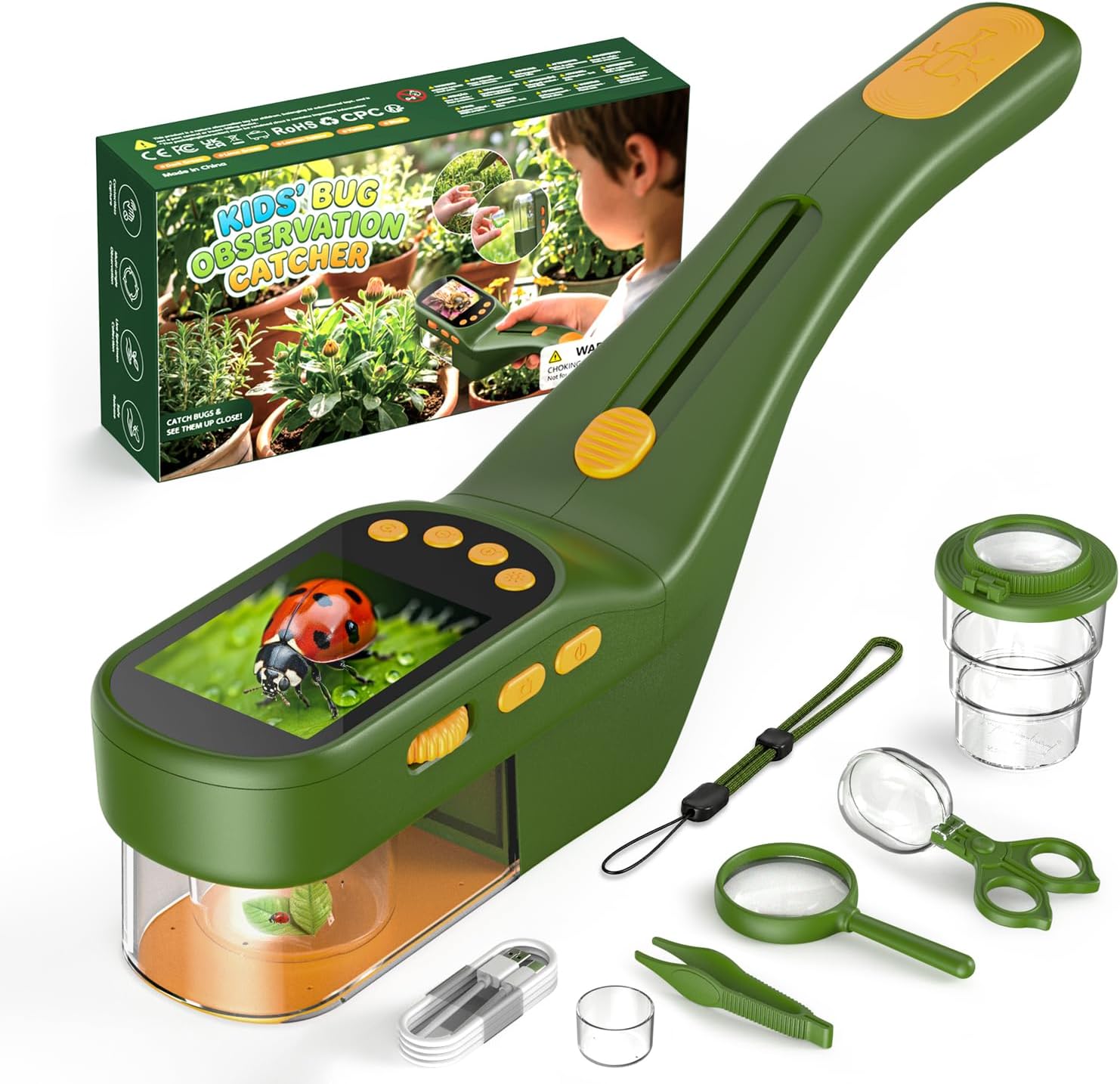 OAEBLLE Bug Catcher for Kids, 500X Zoom, 2.4" Screen, STEM Toy 4-8, Pine