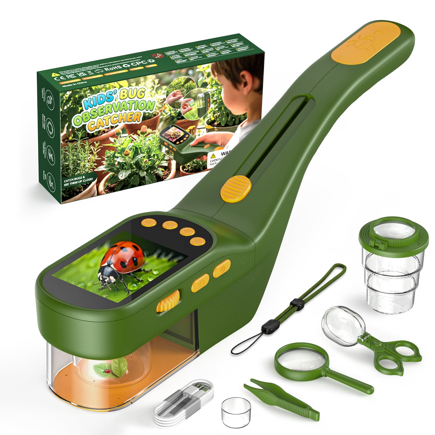 Cattura Insetti Bambini, Microscopio 500X IPS 2,4" 1080P STEM | 4 livelli di luminosità, batteria da 1000 mAh, foto e video, giocattolo di ricerca all'aperto, regalo per bambini dai 3 anni