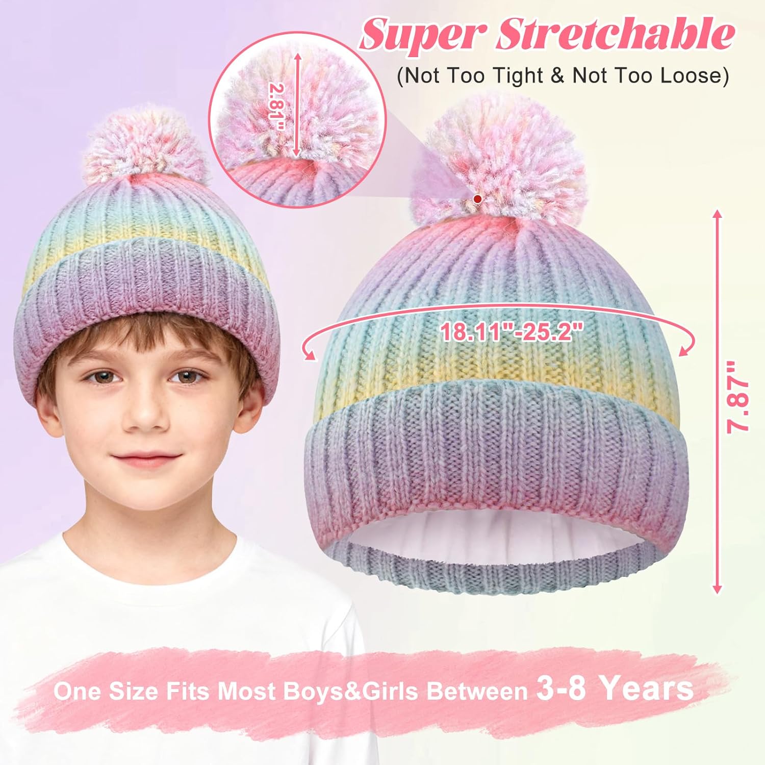 Kids Winter Beanie Hat, Children Warm Knit Skull Hat with Pom for Boy Girl Ages 3-8 Cuffed Chunky Stretchy Beanies Cap - Image 2