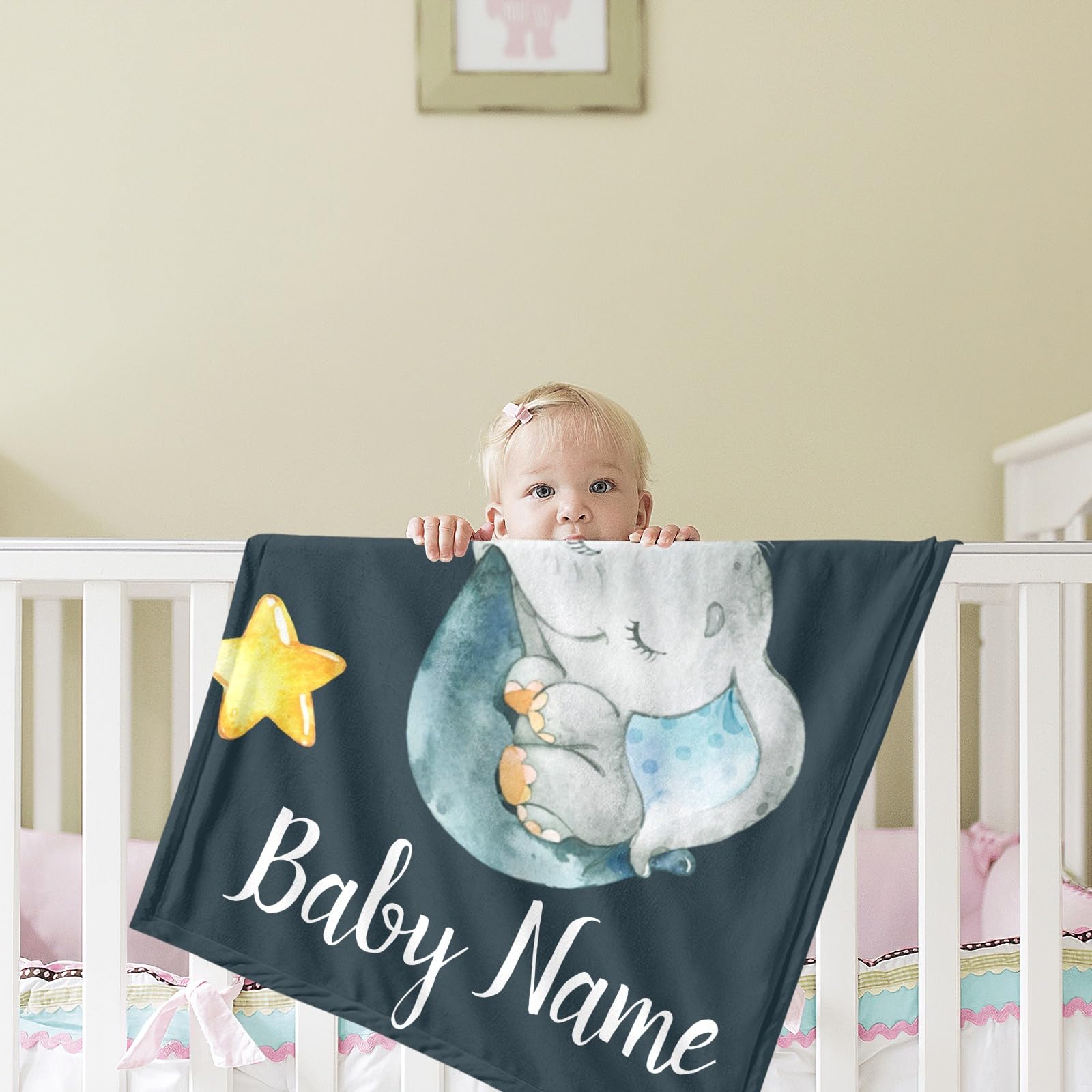 Personalized Baby Blanket With Name - Sleepy Elephant Sunflower Flannel Blanket 30x40 Inches For Nursery