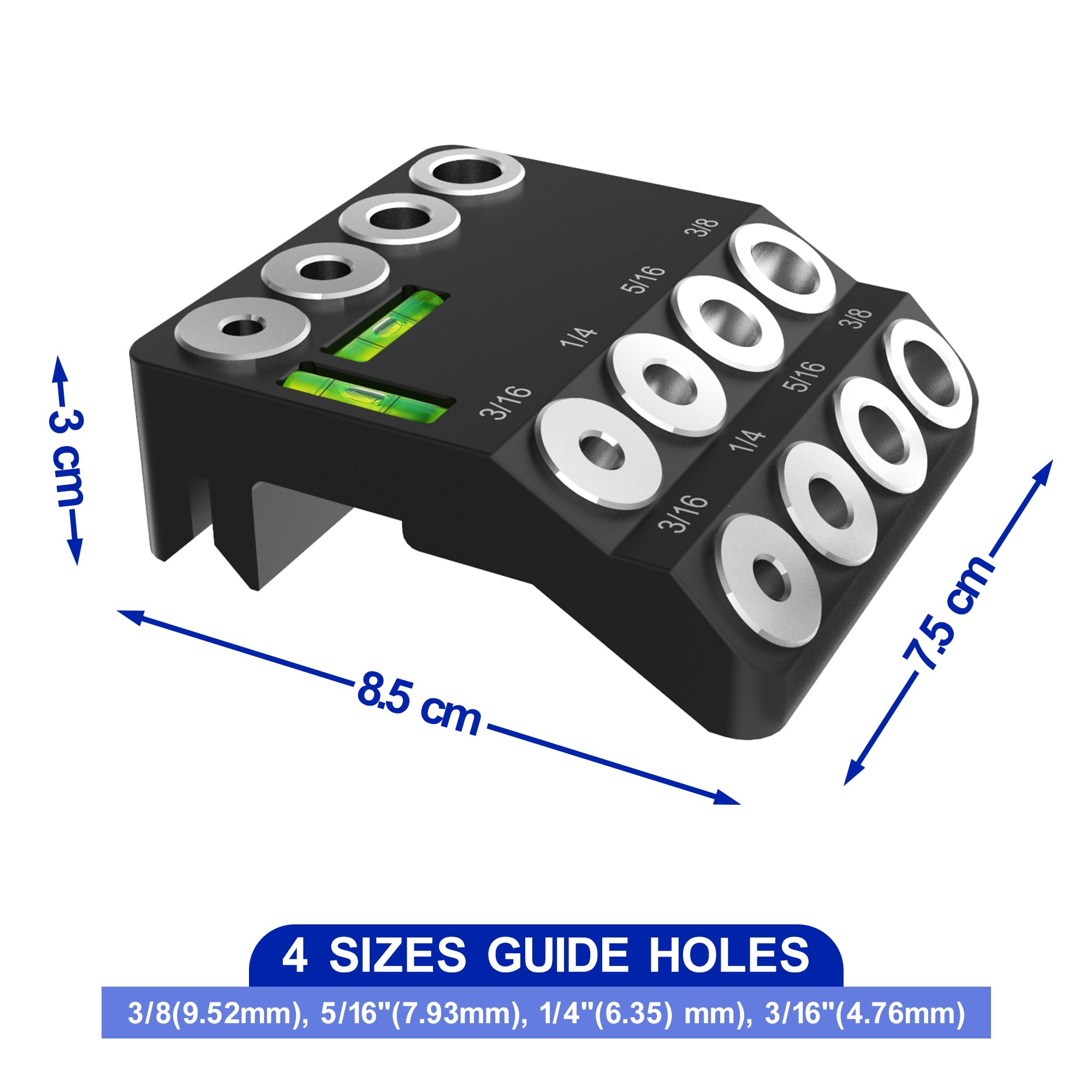 Shackcom Gabarit de Perçage d'Angle 3 en 1 de 30°/45°/90° avec 2 Niveau à Bulle Guide de Perçage Aluminium Oblique et Droit avec 4 Tailles de Trous - Noir