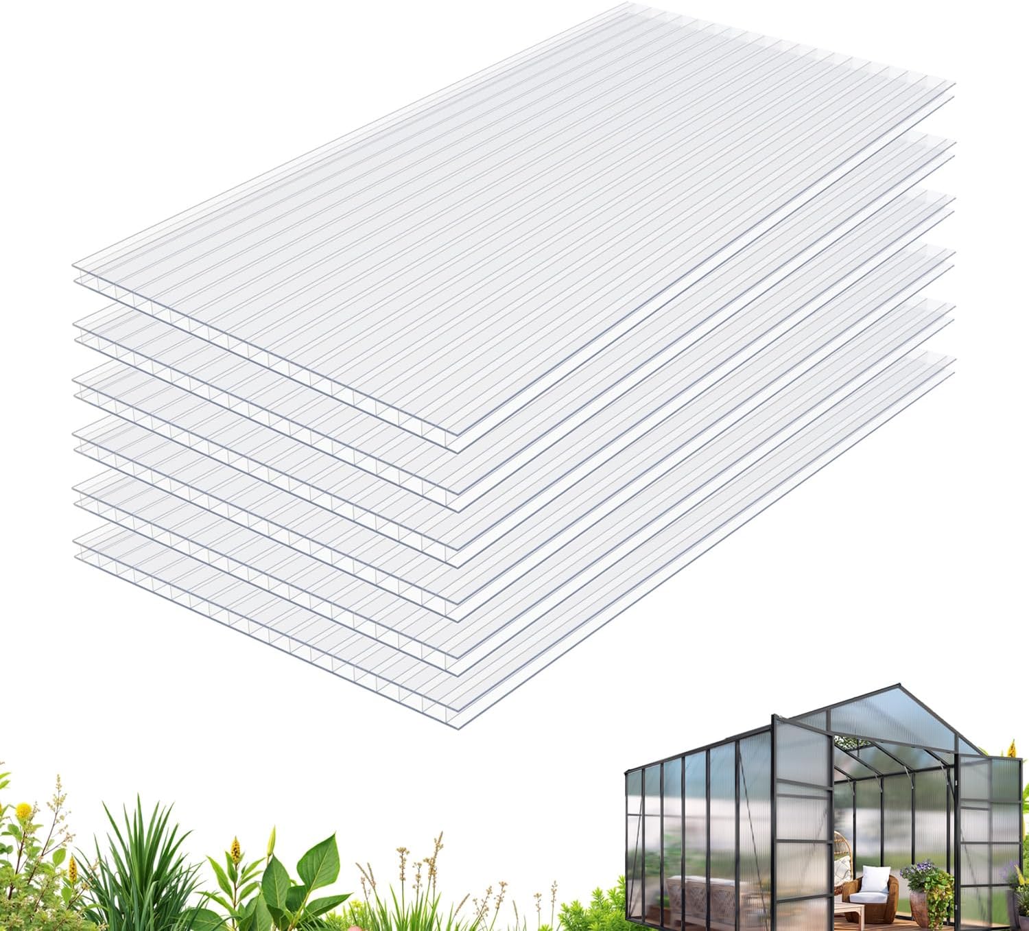 6 PCS 60''X 24''X 0.16'' Polycarbonate Greenhouse Panels, Twin-Wall Roof Panels Sheets, Waterproof UV Protected Plastic Roof Sheeting for Greenhouse Covering