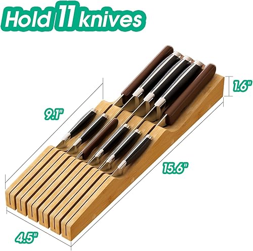Miniatura 3 de Inserto Organizador de Cajones para Cuchillos, Soporte de Cuchillos de Madera de Bambú, Bloque de Cuchillos que Sostiene Hasta 11 Cuchillos