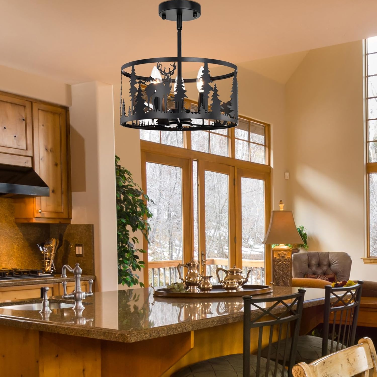 Rustic Semi Flush Mount Ceiling Light,Farmhouse Round Metal Dining Room Light Fixture with Deer Bear Design,3-Light Industrial Black Chandeliers for Dining Room,Kitchen,Bedroom,Hallway,Foyer