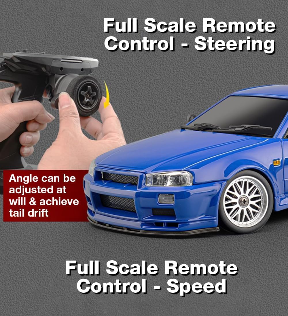 LD1899 1/18 Scale RC Drift Car, GTR R34 2.4GHz RWD Mini Model Car with Gyro, Alloy Body Shell Racing Cars for Adults Toys (Blue)