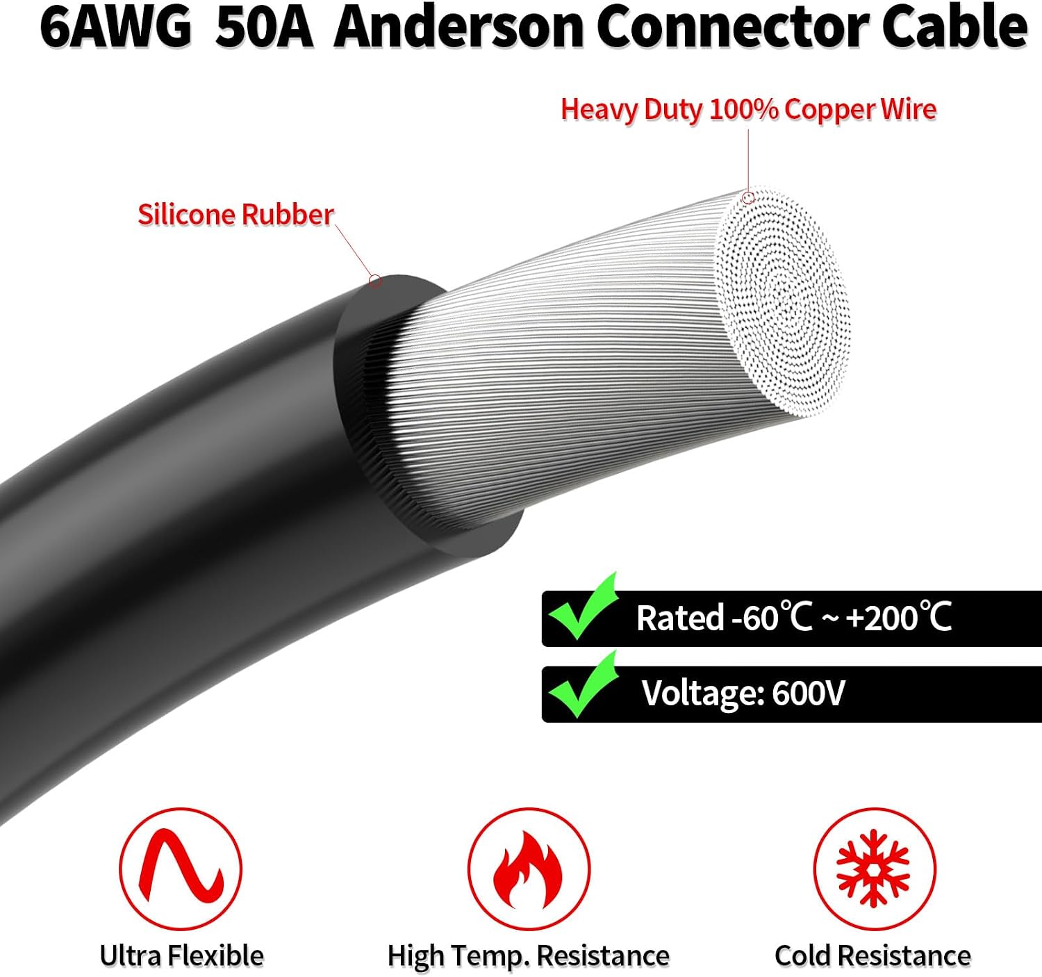 ELFCULB SB50 Connector to Bare Wire Cable 6AWG 6FT for Battery Systems image 3