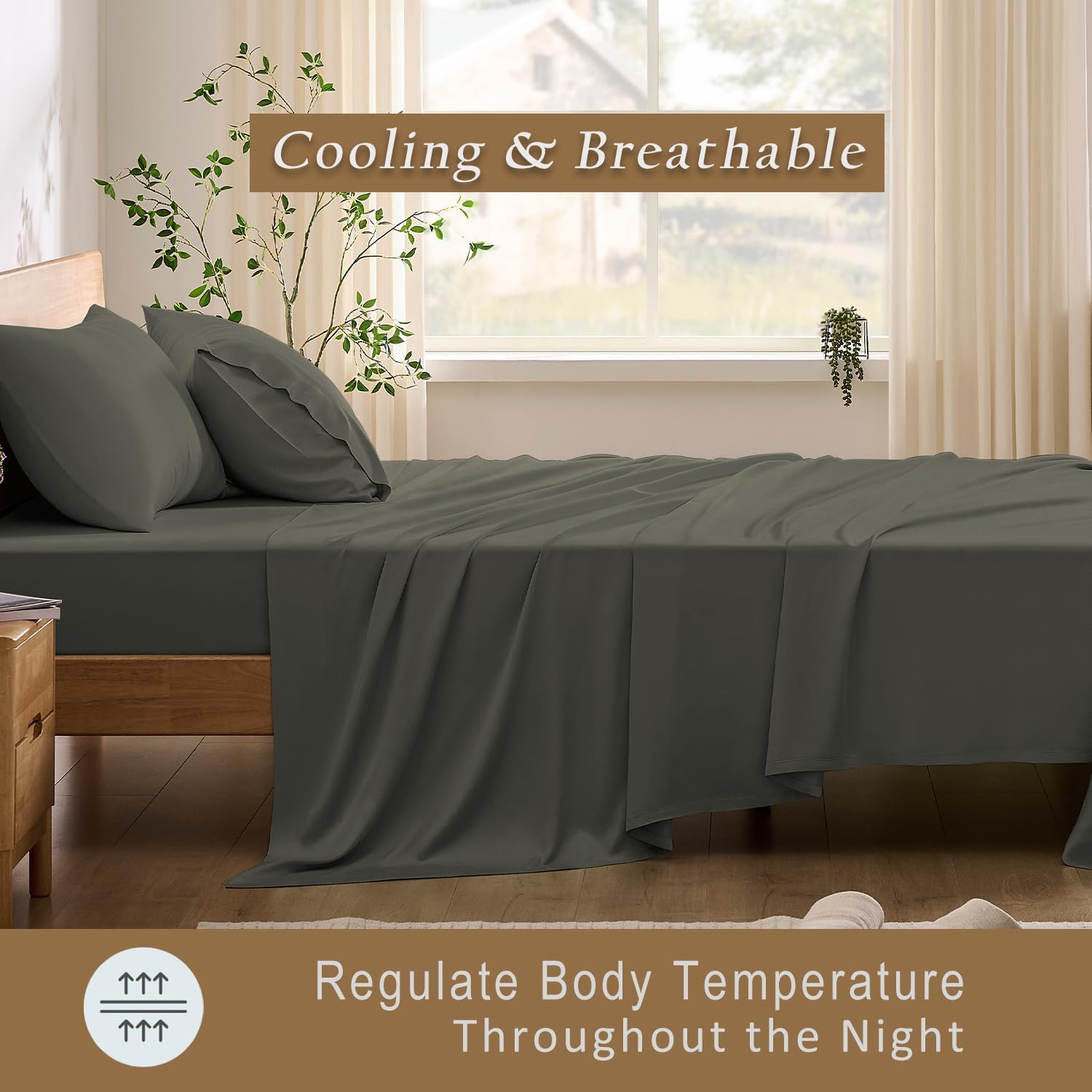 TOSMO Luxury Cooling Sheet Set - 100% Viscose from Bamboo, 4-Piece Bedding Set (Queen Size) - 18” Extra Deep Pockets, Oeko-Tex Certified, Silky Soft and Breathable, Charcoal - Image 3