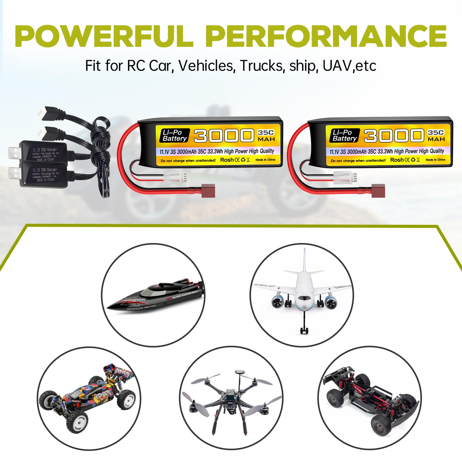 2PCS 3S batteria agli ioni di litio 11.1V 3000mAh 35C con spina a T con cavo di ricarica USB per RC Auto Camion RC Barca RC Quadcopter FPV Drone Batteria