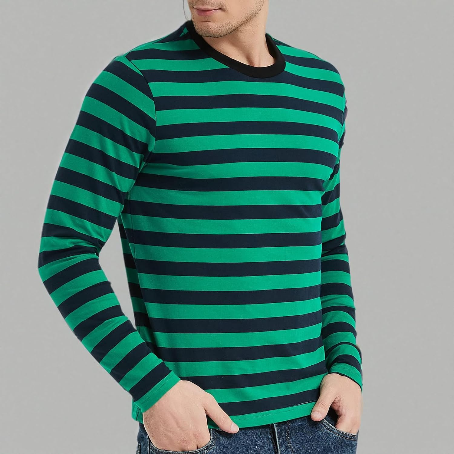 LEDING Mens Shirt Striped Black White Cotton Spandex Crewneck Long Sleeve Basic Pullover Stripe Casual Crew Tee Shirt - Image 6