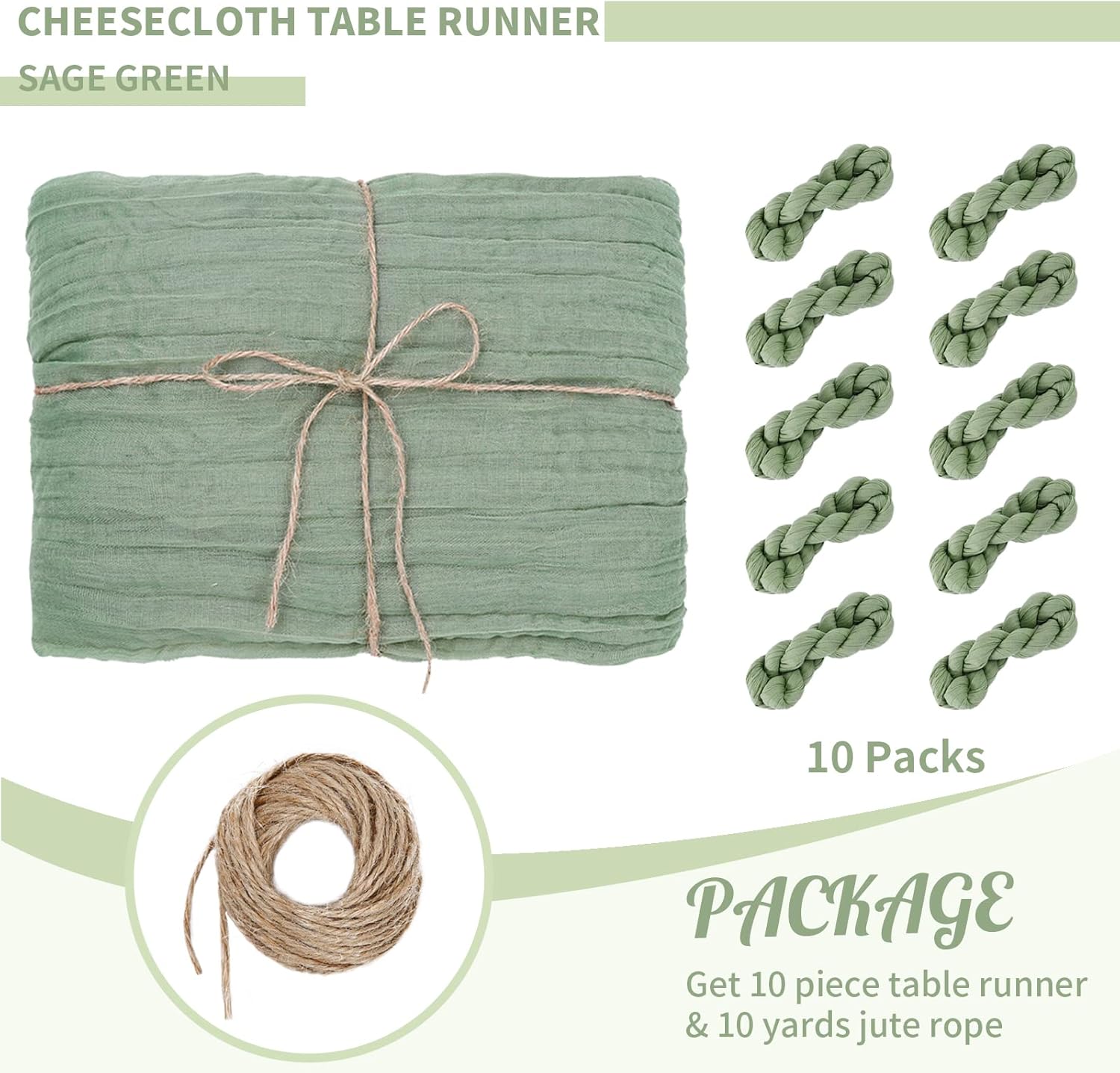 LuoluoHouse 10pcs Sage Green Cheesecloth Table Runners 10FT Summer Boho Gauze Table Linens for Holiday Birthday Wedding Reception Rustic Table Decor