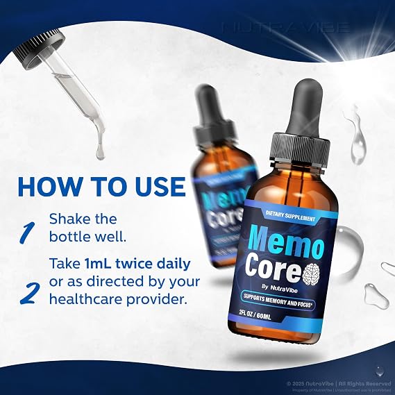 (2 Pack) Memo Core Memo Core Drops Memory Support with Natural Liquid Blend in a Convenient Dropper | Daily MemoCore Vitamins for Focus, Clarity & Sharpness | Easy-to-Use Dropper (60 Servings)