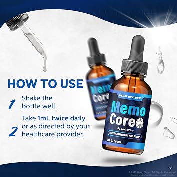 (2 Pack) Memo Core Memo Core Drops Memory Support with Natural Liquid Blend in a Convenient Dropper | Daily MemoCore Vitamins for Focus, Clarity & Sharpness | Easy-to-Use Dropper (60 Servings)