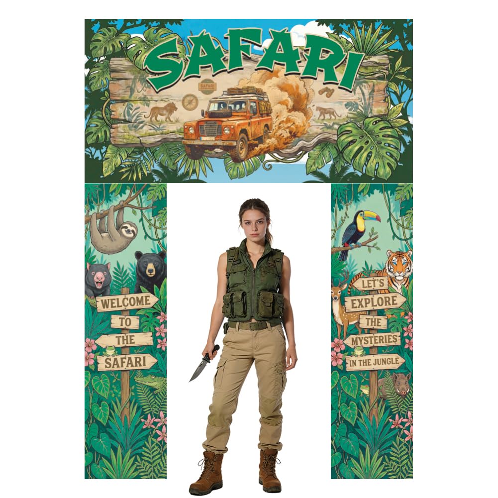 WADORN Safari Animals Party Photo Porch Banner, 9.1x6.5 Ft Jungle Safari Birthday Party Decorations Jungle Adventures Theme Porch Door Backdrop Banner Hanging Supplies for Zoo Wild Animals Birthday