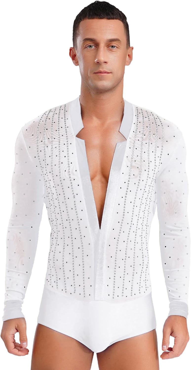 JanJean Men's Shiny Latin Dance Leotard Velvet Patchwork Shiny Rhinestones Ballroom Samba Rumba Dance Shirt