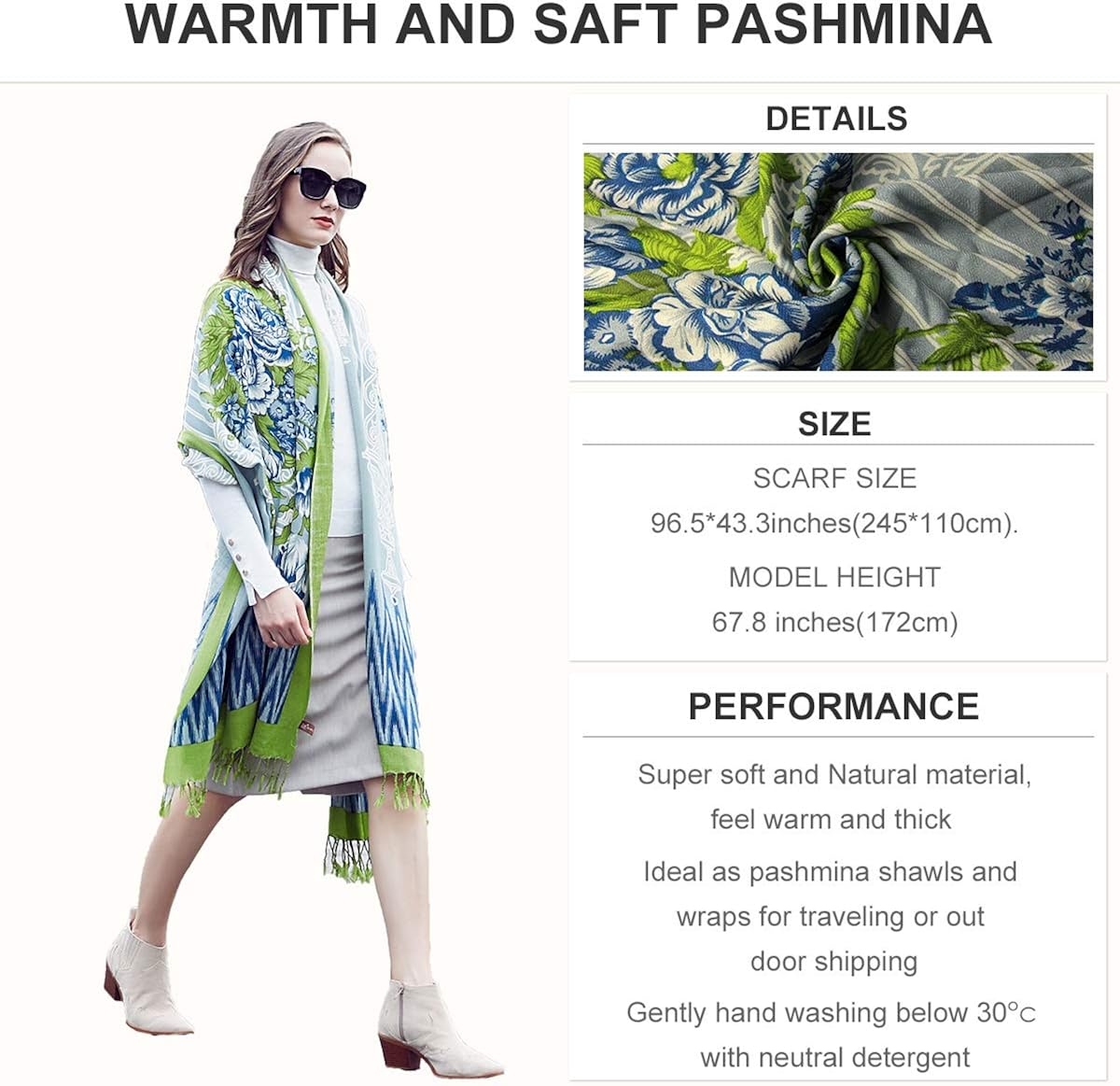 Miniatura 6 de DANA XU 100% Pure Merino Wool Oversized Extra Large Cashmere Pashmina Warm Floral Scarf Shawl And Wrap Dupatta For Women