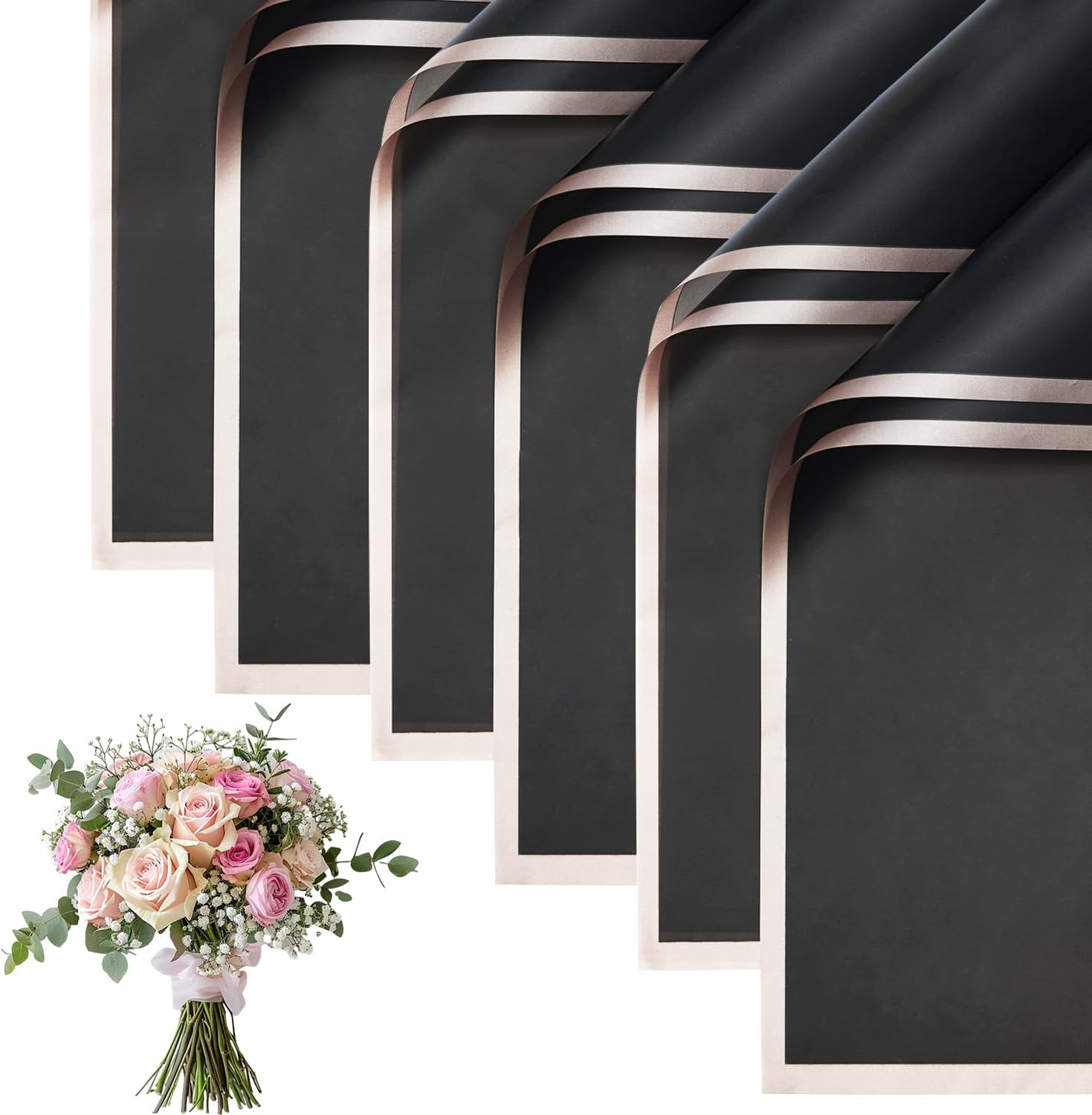 30 Sheets Black Gold Edge Flower Bouquet Wrapping Paper，Florist Supplies Waterproof Floral Bouquet Wrapping Paper Bouquet Accessorie，Flower Shop Packaging Pape for DIY Gift Wedding Birthday thumbnail