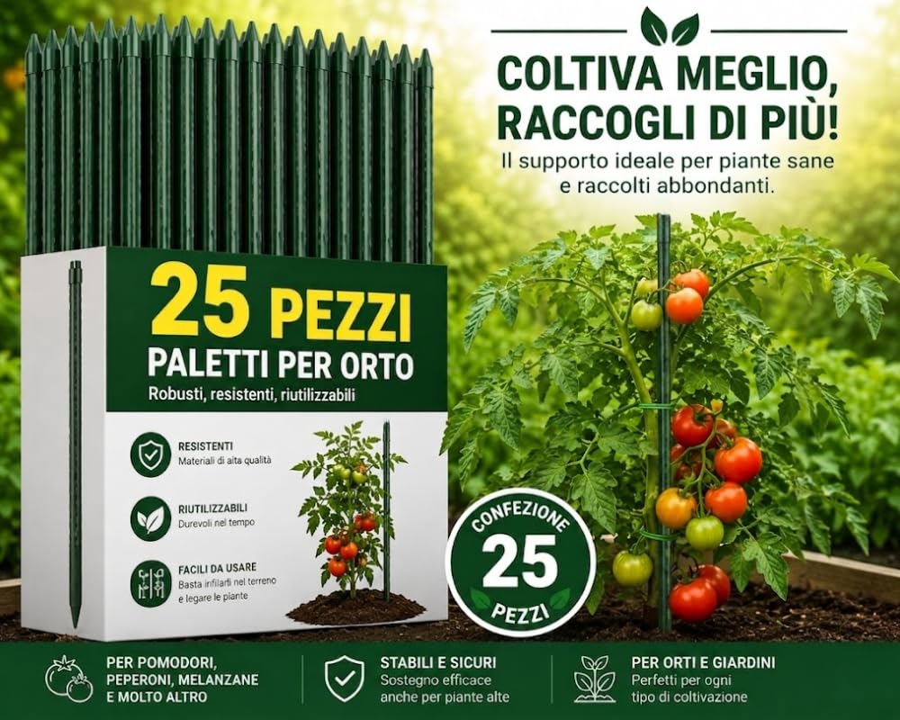 Set 25 PEZZI Supporto in Acciaio Plastificato per Orto Sostegni per Pomodori Bastoncini di Supporto per Piante Rampicanti Pali per Orto e Giardino (240 cm - Ø 16 mm)