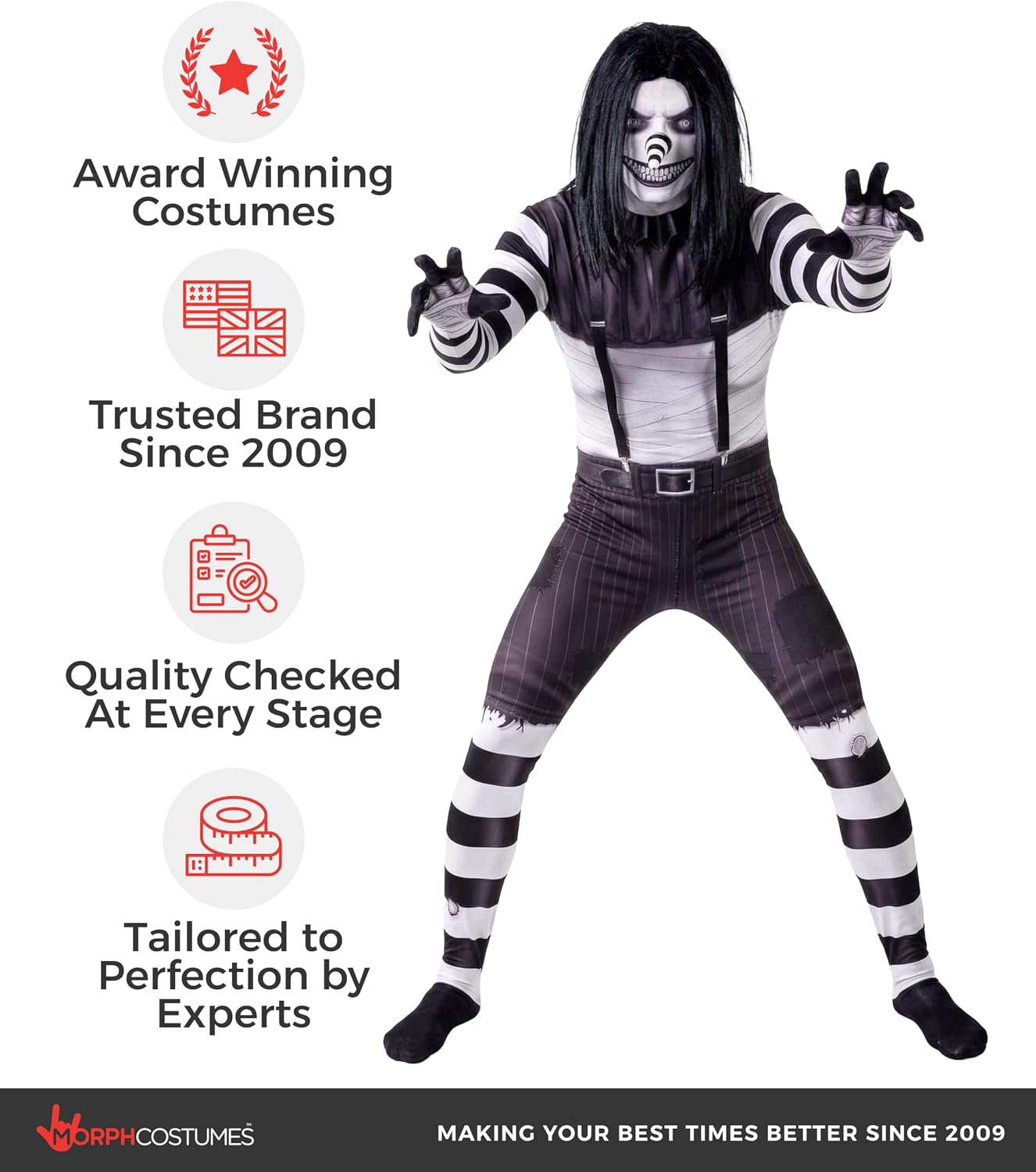 Morphsuits Laughing Jack Costume, Scary Zentai Skin Suit for Halloween, Cosplay, Parties, and Events