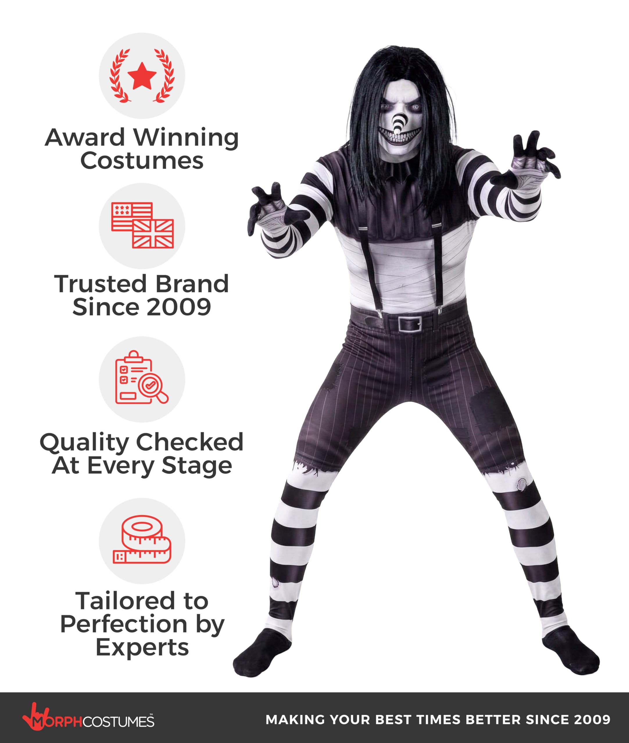 Morphsuits Disfraz Payaso Terrorífico Creepypasta Adulto Hombre Cuerpo Entero Peluca Capucha Cremallera Halloween