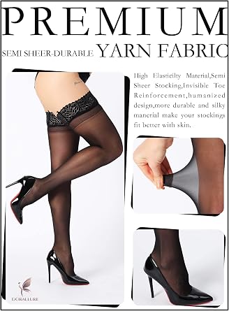 DORALLURE Thigh High Stockings Silicone Lace Top Stay Up Silky Semi Sheer Pantyhose for Women Hold Up Nylon