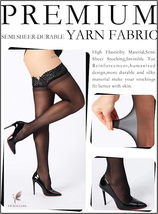 DORALLURE Thigh High Stockings Silicone Lace Top Stay Up Silky Semi Sheer Pantyhose for Women Hold Up Nylon
