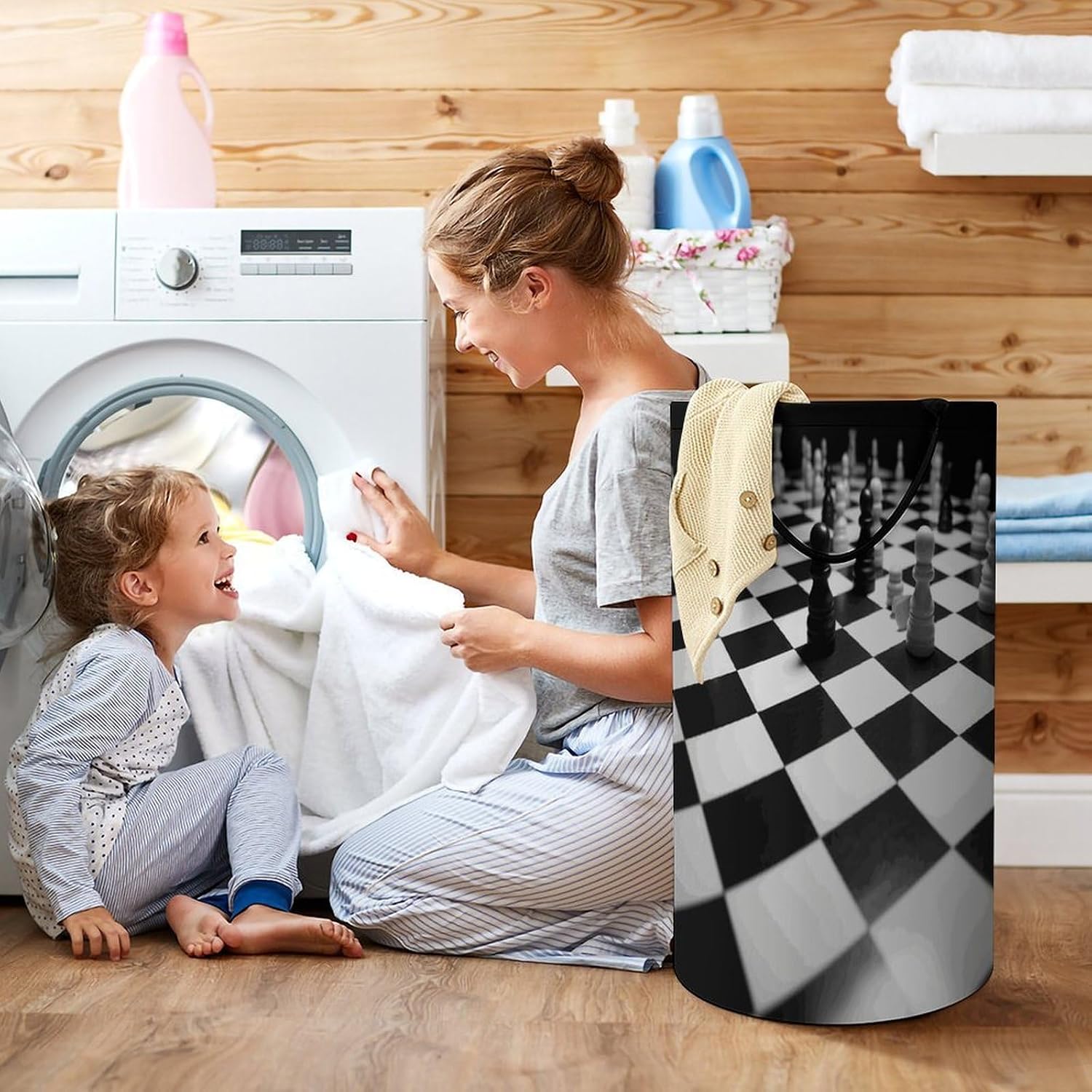 Black White Chess Checkerboard Laundry Basket 86L Laundry Hamper | Collapsible Clothes Hamper with Reinforced Handles Waterproof Tall Foldable Dirty Clothes Basket for Hotel, Home, Closet