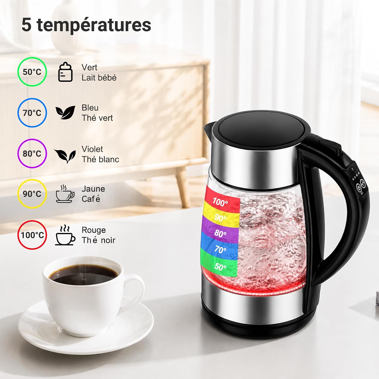 YASHE Glass Electric Kettle with Temperature Control 1.7L, 2200W Fast Boiling, 5 Color LED Indicator, 30 Min Heat Maintenance, Anti-Calculate Filter image 3