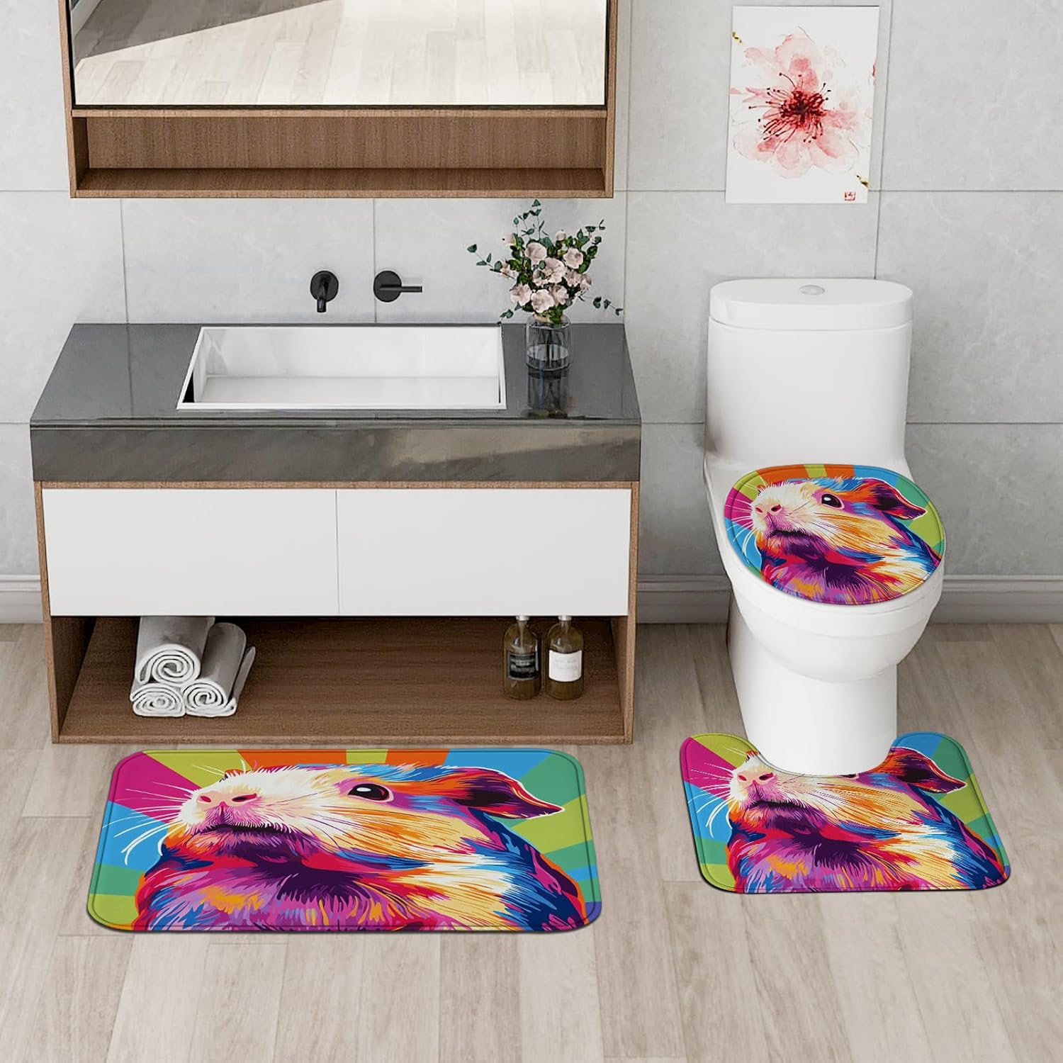 4PCS Fun Guinea Pig Pet Shower Curtain Sets with Non-Slip Rug, U Shape and Toilet Lid Cover Mat, Cartoon Colorful Bath Decor, Bathroom Accessory with Hooks