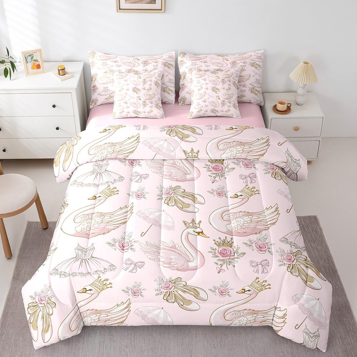 White Swan Bed Set in a Bag 7 Pcs,Swan Lake Ballet Dance Theme Pink Bedding Set,Princess Crown Bowknot Romantic Roses Flowers Comforter with Fitted,Flat Sheet,Pillowcase,Pillow Covers,Full
