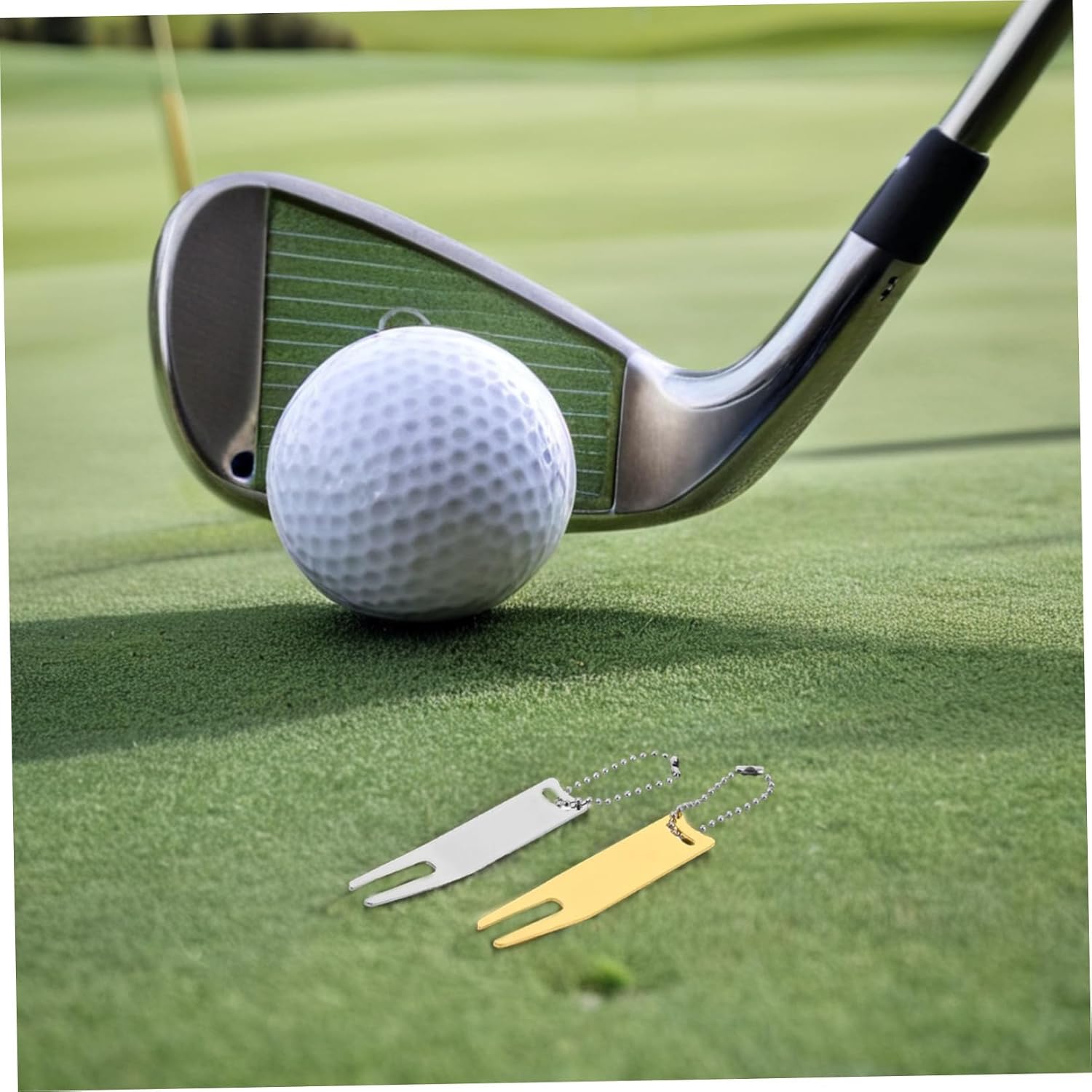 STOBAZA 2pcs Golf Divot Repair Tool with Ball Marker and Keychain Metal Lawn Care Fork for Golf Putt Alignment and Divot Repair Portable and Stylish