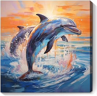 Dolphin Canvas Wall Art Sunset/ Sunrise Poster Dolphin Jumping Out Of Water Painting Ocean Life Prints Coastal Theme Artwork Ocean Scenery Wall Art Marine animals Pictures Blue Fish Canvas 16x16inch No Frame