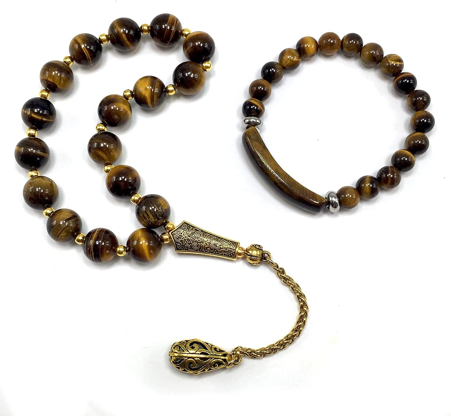 Design -Relaxing Stress Relief Big Beads Prayer Beads, Worry Beads, EFE Tesbih, Maskot Tesbih, Tasbih, Rosary (- Tiger Eye Natural Stone Beads and Bracelet- 12mm-17 Beads-)