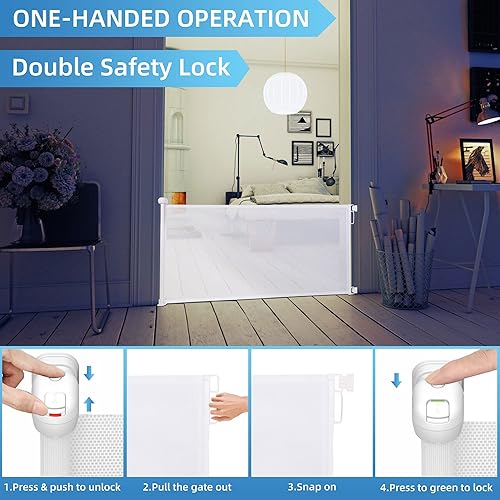 Miniatura 3 de COLOR TREE Puerta retráctil para bebé, 34 pulgadas de alto, se extiende hasta 59 pulgadas de ancho, puerta de malla para perros para mascotas,