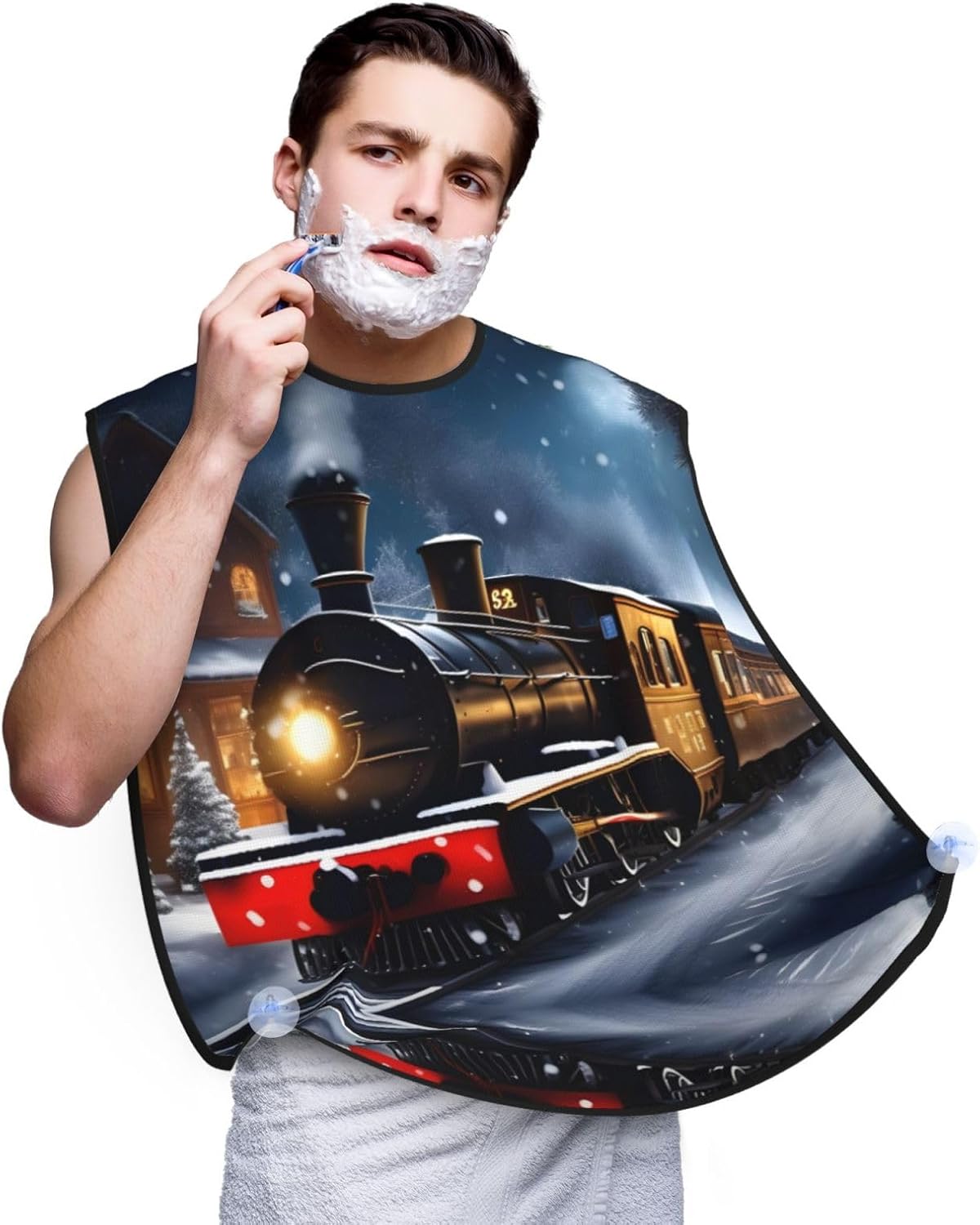 Winter Christmas Snow Night Railway Train Print Beard Bib Apron For Men, Beard Hair Catcher For Men Shaving Trimming,Beard Cape Cloth